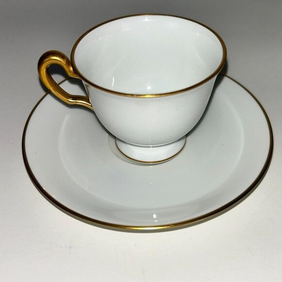 Okura Art White Porcelain Tea Cup and Saucer Set Japan 24K Gold Rims - Picture 4 of 14